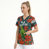 Fiji Taveuni Parrot Scrub Top Tropical Waterfall Landscape With Floral Tribal Pattern