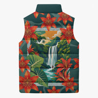 Fiji Taveuni Parrot Sleeveless Puffer Jacket Tropical Waterfall Landscape With Floral Tribal Pattern