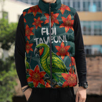 Fiji Taveuni Parrot Sleeveless Puffer Jacket Tropical Waterfall Landscape With Floral Tribal Pattern