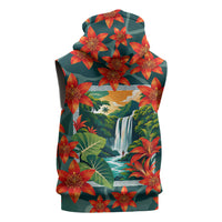 Fiji Taveuni Parrot Sleeveless Zip Hoodie Tropical Waterfall Landscape With Floral Tribal Pattern