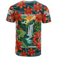 Fiji Taveuni Parrot T Shirt Tropical Waterfall Landscape With Floral Tribal Pattern