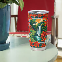Fiji Taveuni Parrot Tumbler Cup Tropical Waterfall Landscape With Floral Tribal Pattern