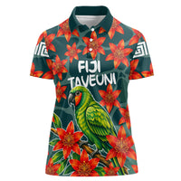 Fiji Taveuni Parrot Women Polo Shirt Tropical Waterfall Landscape With Floral Tribal Pattern