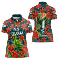 Fiji Taveuni Parrot Women Polo Shirt Tropical Waterfall Landscape With Floral Tribal Pattern