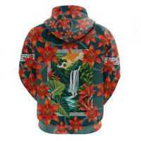 Fiji Taveuni Parrot Zip Hoodie Tropical Waterfall Landscape With Floral Tribal Pattern