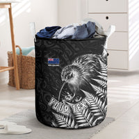 Personalized New Zealand Kiwi Bird Laundry Basket Grunge Maori Tribal Pattern Silver Fern
