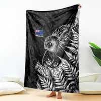Personalized New Zealand Kiwi Bird Blanket Grunge Maori Tribal Pattern Silver Fern