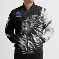 Personalized New Zealand Kiwi Bird Bomber Puffer Jacket Grunge Maori Tribal Pattern Silver Fern