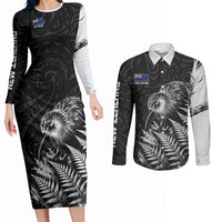 Personalized New Zealand Kiwi Bird Couples Matching Long Sleeve Bodycon Dress and Long Sleeve Button Shirt Grunge Maori Tribal Pattern Silver Fern