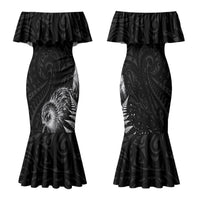 Personalized New Zealand Kiwi Bird Family Matching Mermaid Dress and Hawaiian Shirt Grunge Maori Tribal Pattern Silver Fern TS04 Mom's Dress Black White - Polynesian Pride