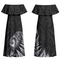 Personalized New Zealand Kiwi Bird Family Matching Off Shoulder Maxi Dress and Hawaiian Shirt Grunge Maori Tribal Pattern Silver Fern TS04 Mom's Dress Black White - Polynesian Pride