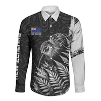 Personalized New Zealand Kiwi Bird Long Sleeve Button Shirt Grunge Maori Tribal Pattern Silver Fern TS04 Unisex Black White - Polynesian Pride