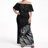 Personalized New Zealand Kiwi Bird Off Shoulder Maxi Dress Grunge Maori Tribal Pattern Silver Fern TS04 Women Black White - Polynesian Pride