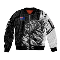 Personalized New Zealand Kiwi Bird Sleeve Zip Bomber Jacket Grunge Maori Tribal Pattern Silver Fern