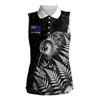 Personalized New Zealand Kiwi Bird Women Sleeveless Polo Shirt Grunge Maori Tribal Pattern Silver Fern