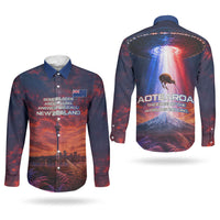 New Zealand Aotearoa Kiwi UFO Couples Matching Puletasi and Long Sleeve Button Shirt Sci-Fi Galaxy Sunset Sky Tower And Mountain