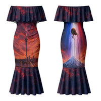 New Zealand Aotearoa Kiwi UFO Family Matching Mermaid Dress and Hawaiian Shirt Sci-Fi Galaxy Sunset Sky Tower And Mountain TS04 Mom's Dress Blue Red - Polynesian Pride