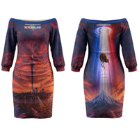 New Zealand Aotearoa Kiwi UFO Family Matching Off The Shoulder Long Sleeve Dress and Hawaiian Shirt Sci-Fi Galaxy Sunset Sky Tower And Mountain TS04 Mom's Dress Blue Red - Polynesian Pride