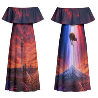 New Zealand Aotearoa Kiwi UFO Family Matching Off Shoulder Maxi Dress and Hawaiian Shirt Sci-Fi Galaxy Sunset Sky Tower And Mountain TS04 Mom's Dress Blue Red - Polynesian Pride