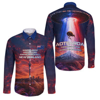 New Zealand Aotearoa Kiwi UFO Family Matching Off Shoulder Maxi Dress and Hawaiian Shirt Sci-Fi Galaxy Sunset Sky Tower And Mountain TS04 Dad's Shirt - Long Sleeve Blue Red - Polynesian Pride