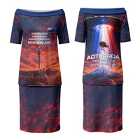 New Zealand Aotearoa Kiwi UFO Family Matching Puletasi and Hawaiian Shirt Sci-Fi Galaxy Sunset Sky Tower And Mountain TS04 Mom's Dress Blue Red - Polynesian Pride