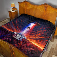 New Zealand Aotearoa Kiwi UFO Quilt Sci-Fi Galaxy Sunset Sky Tower And Mountain