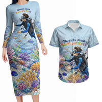 Fiji Taveuni Rainbow Reef Couples Matching Long Sleeve Bodycon Dress and Hawaiian Shirt Scuba Diver Vibrant Undersea Coral Garden Watercolor