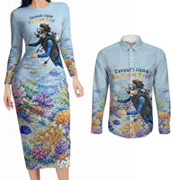Fiji Taveuni Rainbow Reef Couples Matching Long Sleeve Bodycon Dress and Long Sleeve Button Shirt Scuba Diver Vibrant Undersea Coral Garden Watercolor