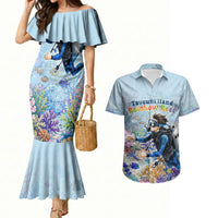 Fiji Taveuni Rainbow Reef Couples Matching Mermaid Dress and Hawaiian Shirt Scuba Diver Vibrant Undersea Coral Garden Watercolor