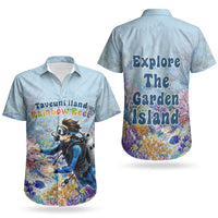 Fiji Taveuni Rainbow Reef Couples Matching Puletasi and Hawaiian Shirt Scuba Diver Vibrant Undersea Coral Garden Watercolor