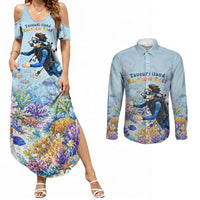 Fiji Taveuni Rainbow Reef Couples Matching Summer Maxi Dress and Long Sleeve Button Shirt Scuba Diver Vibrant Undersea Coral Garden Watercolor