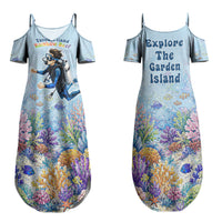Fiji Taveuni Rainbow Reef Couples Matching Summer Maxi Dress and Long Sleeve Button Shirt Scuba Diver Vibrant Undersea Coral Garden Watercolor