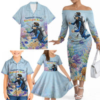 Fiji Taveuni Rainbow Reef Family Matching Off The Shoulder Long Sleeve Dress and Hawaiian Shirt Scuba Diver Vibrant Undersea Coral Garden Watercolor