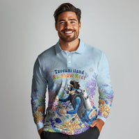 Fiji Taveuni Rainbow Reef Long Sleeve Polo Shirt Scuba Diver Vibrant Undersea Coral Garden Watercolor