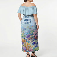 Fiji Taveuni Rainbow Reef Off Shoulder Maxi Dress Scuba Diver Vibrant Undersea Coral Garden Watercolor