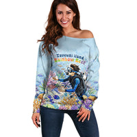 Fiji Taveuni Rainbow Reef Off Shoulder Sweater Scuba Diver Vibrant Undersea Coral Garden Watercolor