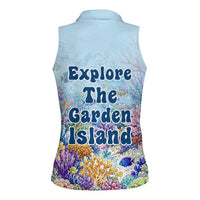 Fiji Taveuni Rainbow Reef Women Sleeveless Polo Shirt Scuba Diver Vibrant Undersea Coral Garden Watercolor