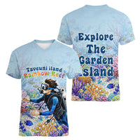 Fiji Taveuni Rainbow Reef Women V-Neck T-Shirt Scuba Diver Vibrant Undersea Coral Garden Watercolor