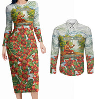 Fiji Taveuni Island Dateline Crossing Couples Matching Long Sleeve Bodycon Dress and Long Sleeve Button Shirt Tropical Cultural Landscape With Tagimoucia Floral Pattern
