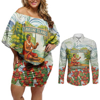 Fiji Taveuni Island Dateline Crossing Couples Matching Off Shoulder Short Dress and Long Sleeve Button Shirt Tropical Cultural Landscape With Tagimoucia Floral Pattern