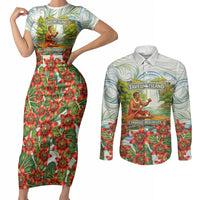 Fiji Taveuni Island Dateline Crossing Couples Matching Short Sleeve Bodycon Dress and Long Sleeve Button Shirt Tropical Cultural Landscape With Tagimoucia Floral Pattern