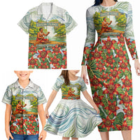 Fiji Taveuni Island Dateline Crossing Family Matching Long Sleeve Bodycon Dress and Hawaiian Shirt Tropical Cultural Landscape With Tagimoucia Floral Pattern