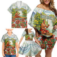Fiji Taveuni Island Dateline Crossing Family Matching Off Shoulder Short Dress and Hawaiian Shirt Tropical Cultural Landscape With Tagimoucia Floral Pattern