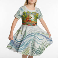 Fiji Taveuni Island Dateline Crossing Kid Short Sleeve Dress Tropical Cultural Landscape With Tagimoucia Floral Pattern