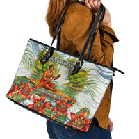Fiji Taveuni Island Dateline Crossing Leather Tote Bag Tropical Cultural Landscape With Tagimoucia Floral Pattern