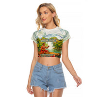 Fiji Taveuni Island Dateline Crossing Raglan Cropped T Shirt Tropical Cultural Landscape With Tagimoucia Floral Pattern