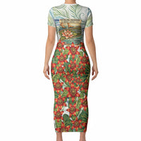 Fiji Taveuni Island Dateline Crossing Short Sleeve Bodycon Dress Tropical Cultural Landscape With Tagimoucia Floral Pattern
