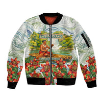 Fiji Taveuni Island Dateline Crossing Sleeve Zip Bomber Jacket Tropical Cultural Landscape With Tagimoucia Floral Pattern