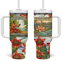 Fiji Taveuni Island Dateline Crossing Tumbler With Handle Tropical Cultural Landscape With Tagimoucia Floral Pattern