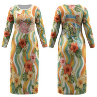 Hawaii Aloha Academy Back To School Couples Matching Long Sleeve Bodycon Dress and Long Sleeve Button Shirt Sea Turtle Tropical Hibiscus Flowers Retro Psychedelic